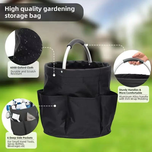 Premium Black Gardening Storage Bag made of durable 600D Oxford cloth, features 6 deep side pockets for small V1102-GJSN001