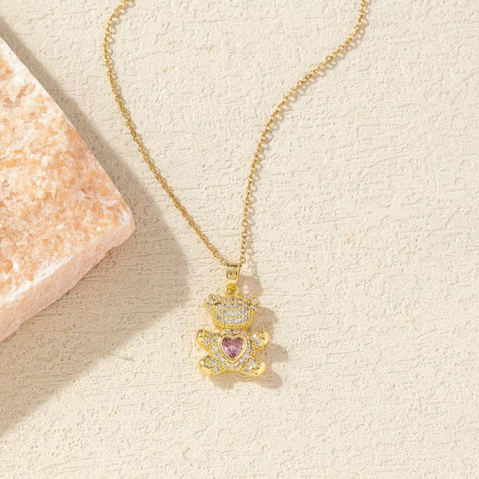 A delicate and adorable pink heart-shaped bear pendant copper necklace, adorned with synthetic zirconia, V1102-XDZXL002