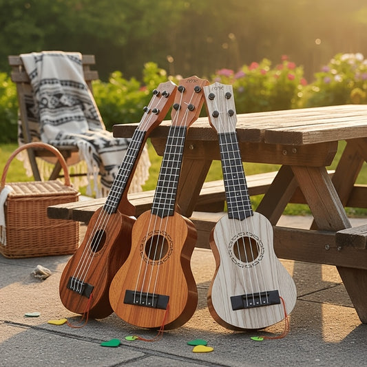 Wood color 17-inch Playable Ukulele Mini Guitar, lightweight and portable. Features comfortable nylon V1102-XJT001