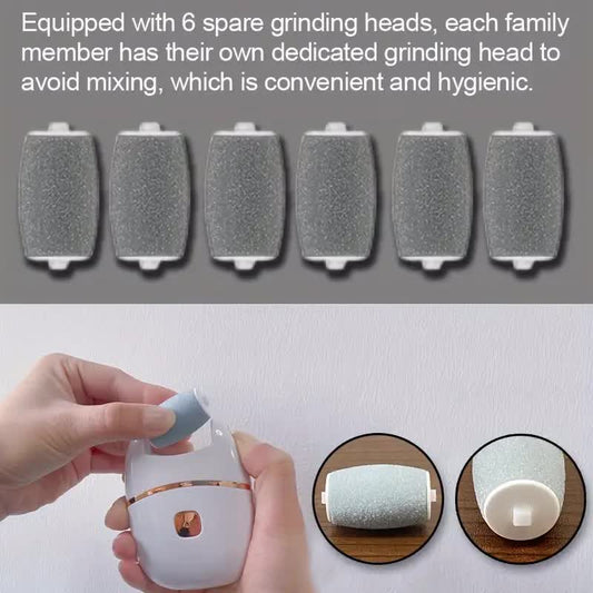 Rechargeable electric foot exfoliator with 6 replaceable heads for removing dead skin and polishing. Powered V1105-YAZB-001