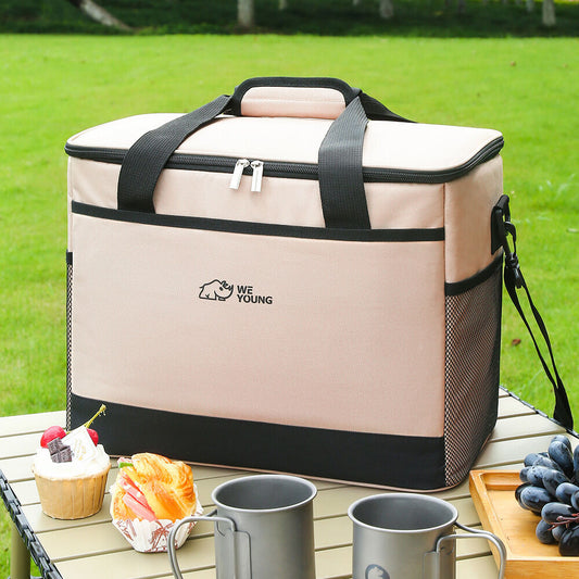 Beige Insulated Picnic Cooler Bag: Portable Waterproof Ice Bag for Outdoor Camping, Picnics & Home Use(30L) V1107-BEIGE INSULATED PICNIC COOLER BAG1