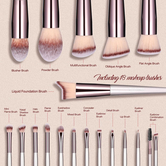 Champagne Gold Makeup Brush Set (18-Piece): Professional, Cruelty-Free for Foundation, Blush & Eyeshadow, V1107-CHAMPAGNE GOLD MAKEUP BRUSH SET