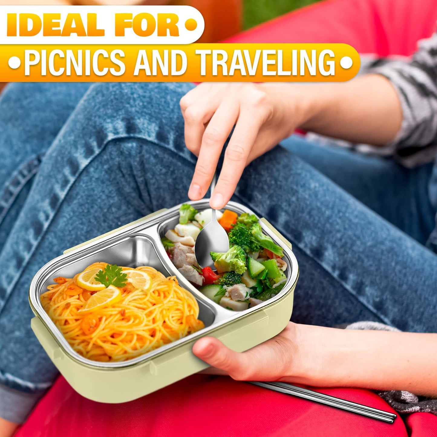Stainless Steel Bento Lunch Box with Dual Compartments & Utensils - Microwave & Dishwasher Safe for Adults V1107-CS-BWFH