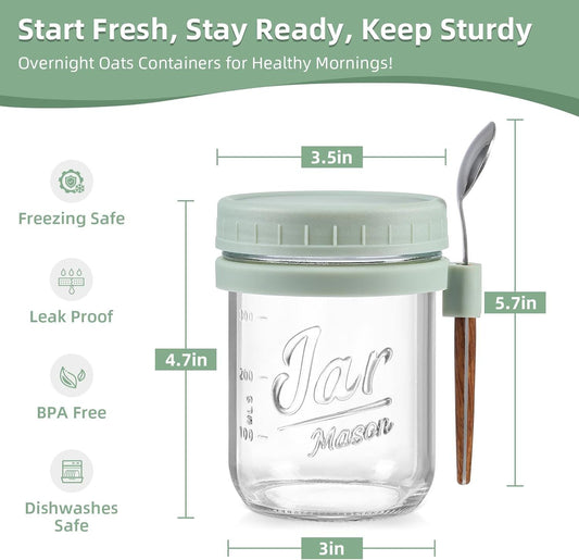 4-Pack 16oz Glass Overnight Oats Jars with Lids & Spoons, Airtight Mason Jars for Yogurt, Salad, Fruit, Meal V1107-CS-BXBLSNB