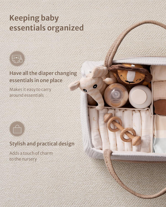 Portable Cotton Rope Diaper Caddy - Large Baby Storage Basket with Removable Dividers and Handles for V1107-CS-BXSMMBZ
