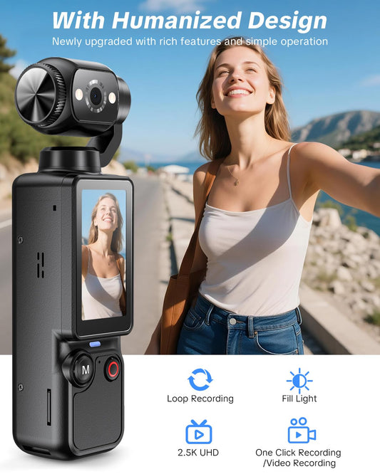 Handheld Pocket Camera - 2.5K UHD, 180 degrees Rotating Lens, Fill Light, 2000mAh Battery, No App Needed, V1107-CS-BXSSXJH