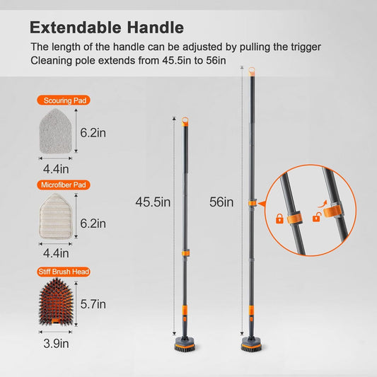 3-in-1 Extendable Cleaning System with Rotatable Head, Stiff Bristle Brush, Microfiber Pad, and Scouring V1107-CS-CBYSS
