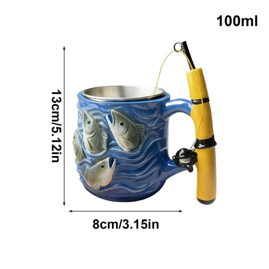 Fishing Rod Ceramic Mug with Realistic Fish Design, 100ml Mini Coffee Cup for Anglers - Durable & Fun Gift V1107-CS-CDZMKB