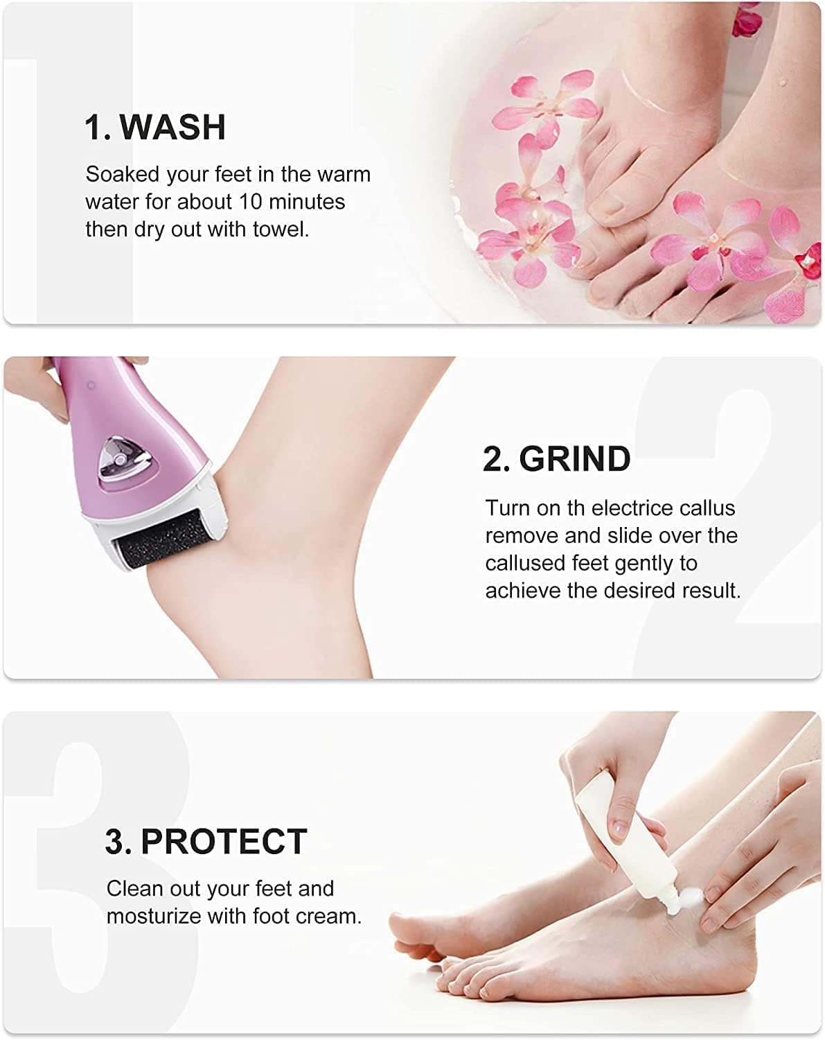 Electric Foot File Rechargeable Pedicure Tool - 3 Interchangeable Rollers (Fine, Regular, Coarse), IPX6 V1107-CS-DDMJQ