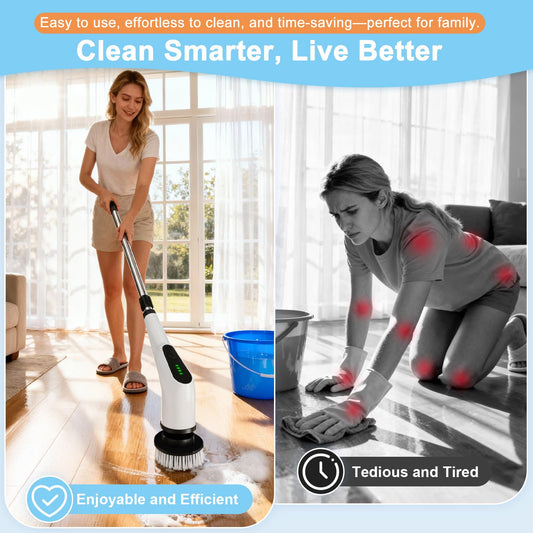 Wireless Electric Cleaning Brush with 8 Replaceable Heads - Adjustable Extendable Handle for Bathroom, V1107-CS-DDQJS