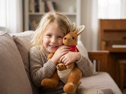 Kangaroo Stuffed Animal with Joey in Pouch & Australia Scarf - Soft Cuddly Plush Toy(32cm,light brown )| V1107-CS-DSGZQZ-32