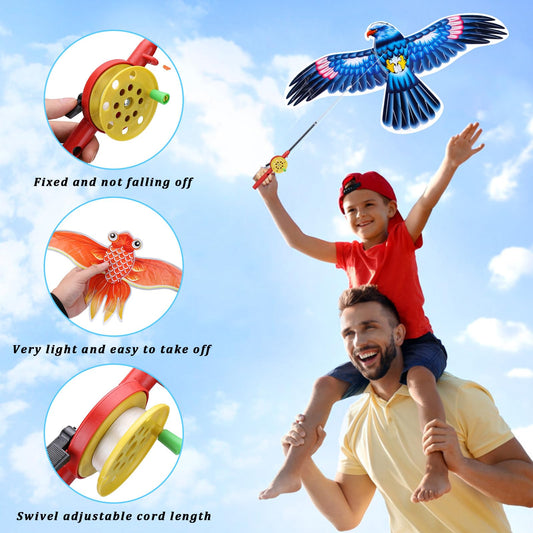 Kids' Mini Fishing-Rod Kite Set - 3-Pack Bird Designs, Easy-Grip Reel Handle, Adjustable Line, Lightweight & V1107-CS-DTYGFZN