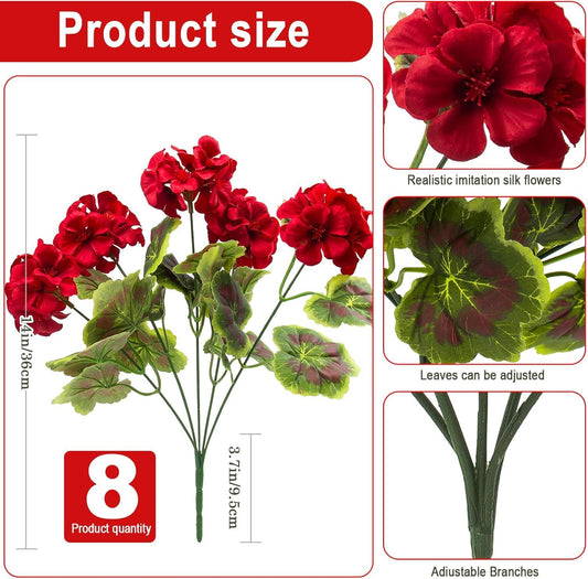 8 Pcs Artificial Red Geranium Silk Flowers for Outdoor Patio Garden & Indoor Home Decor (Red) V1107-CS-FZTZKH