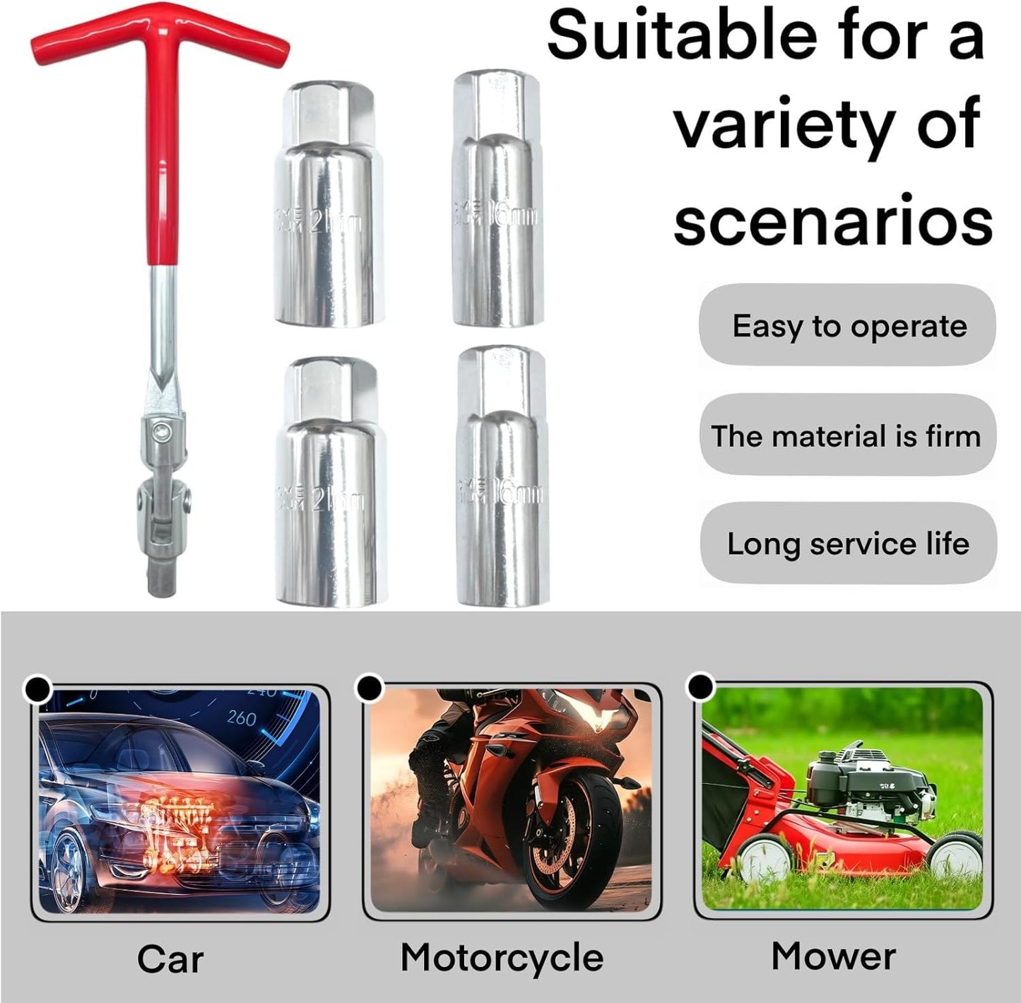 Universal T-Handle Spark Plug Socket Wrench Set for Car, Motorcycle & Lawn Mower Maintenance with Flexible V1107-CS-HHSTTBS