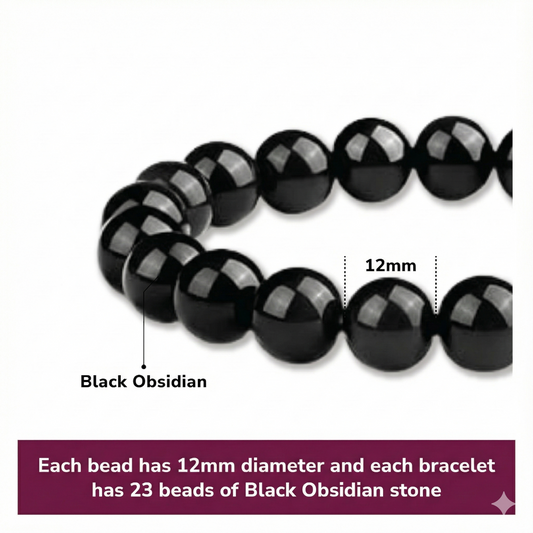 12mm Natural Black Obsidian Beaded Bracelet for Men and Women - Stretchable Healing Crystal Jewelry with V1107-CS-HSJSC12