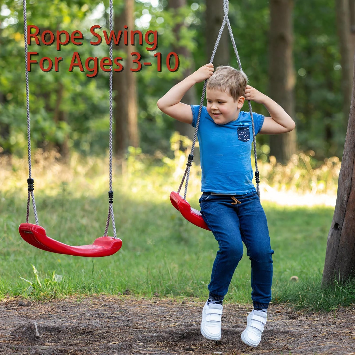 Outdoor Kids Plastic Swing Seat with Adjustable Rope - Durable Tree Swing for Backyard, 220lb Capacity, Red V1107-CS-HWQQ