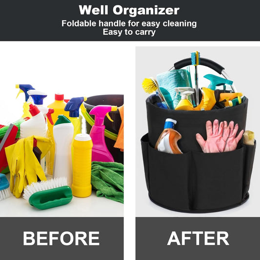 Black Foldable Cleaning Caddy with 6 Outer Pockets: 17L Collapsible Storage Basket for Household, Bathroom, V1107-CS-JYSNL1