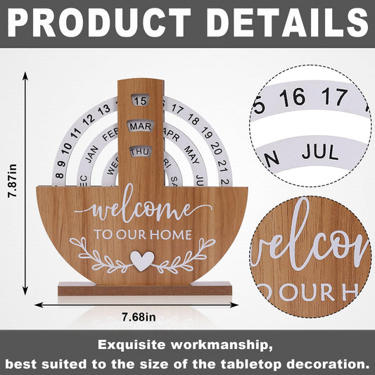 Wooden Perpetual Calendar with "Welcome to Our Home" Design - Rotating Desk Decor for Office & Living Space V1107-CS-MZRL2