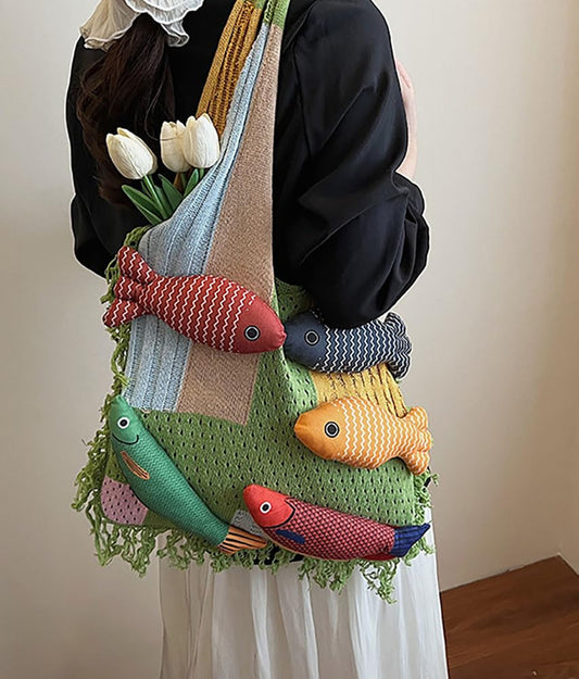 Boho Knit Tote Bag with 3D Fish Applique - Patchwork Shoulder Bag for Women, Beach, Travel & Daily Use - Soft V1107-CS-NXZZDJBL