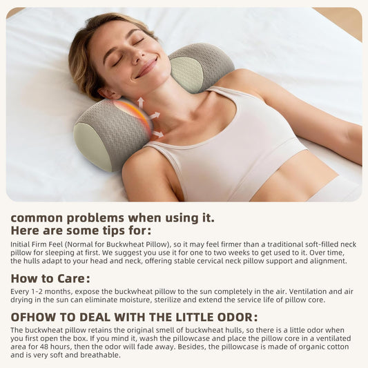 Organic Buckwheat Cervical Pillow - Ergonomic Neck Support for Side and Back Sleepers, Adjustable Firmness V1107-CS-QMZT