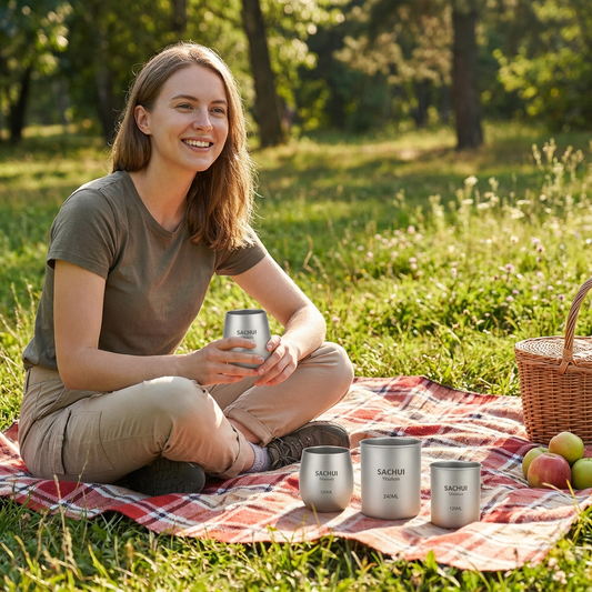4-Piece Pure Titanium Cup Set - Double-Walled, Lightweight, Stackable Outdoor Drinking Cups for Camping, V1107-CS-THJBSJT
