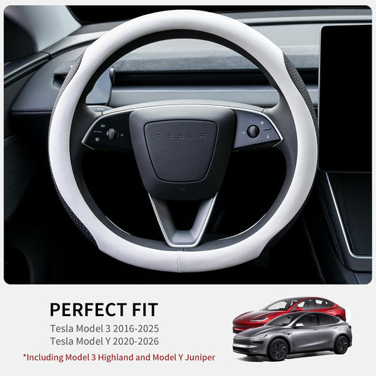 Premium Nappa-Style Steering Wheel Cover for Tesla Model 3 (2016-2025) and Model Y (2020-2026), Two-Tone V1107-CS-TSLFXPT