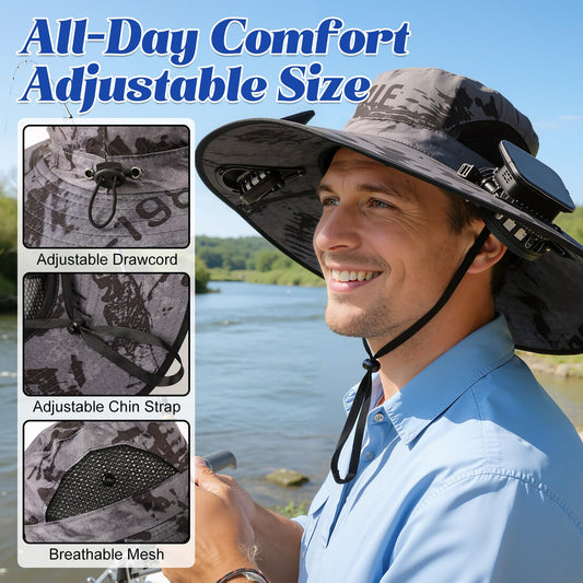 Solar-Powered Dual-Fan Sun Hat - UPF 50+ Wide-Brim Outdoor Hat with 2 USB/Solar Rechargeable Fans, Adjustable V1107-CS-TYNFSMZH