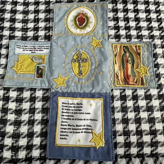 Mini Handcrafted Catholic Pocket Shrine - Foldable Prayer Altar with Silver Cross, Religious Art & V1107-CS-TZJSGSKL