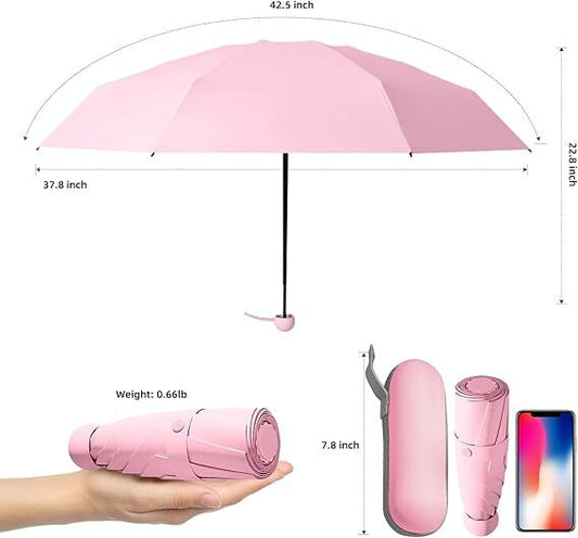 Mini Travel Umbrella - Compact Sun & Rain Protection for Women, Kids | UV-Blocking Pocket Umbrella with Case V1107-CS-UVJNS-PINK