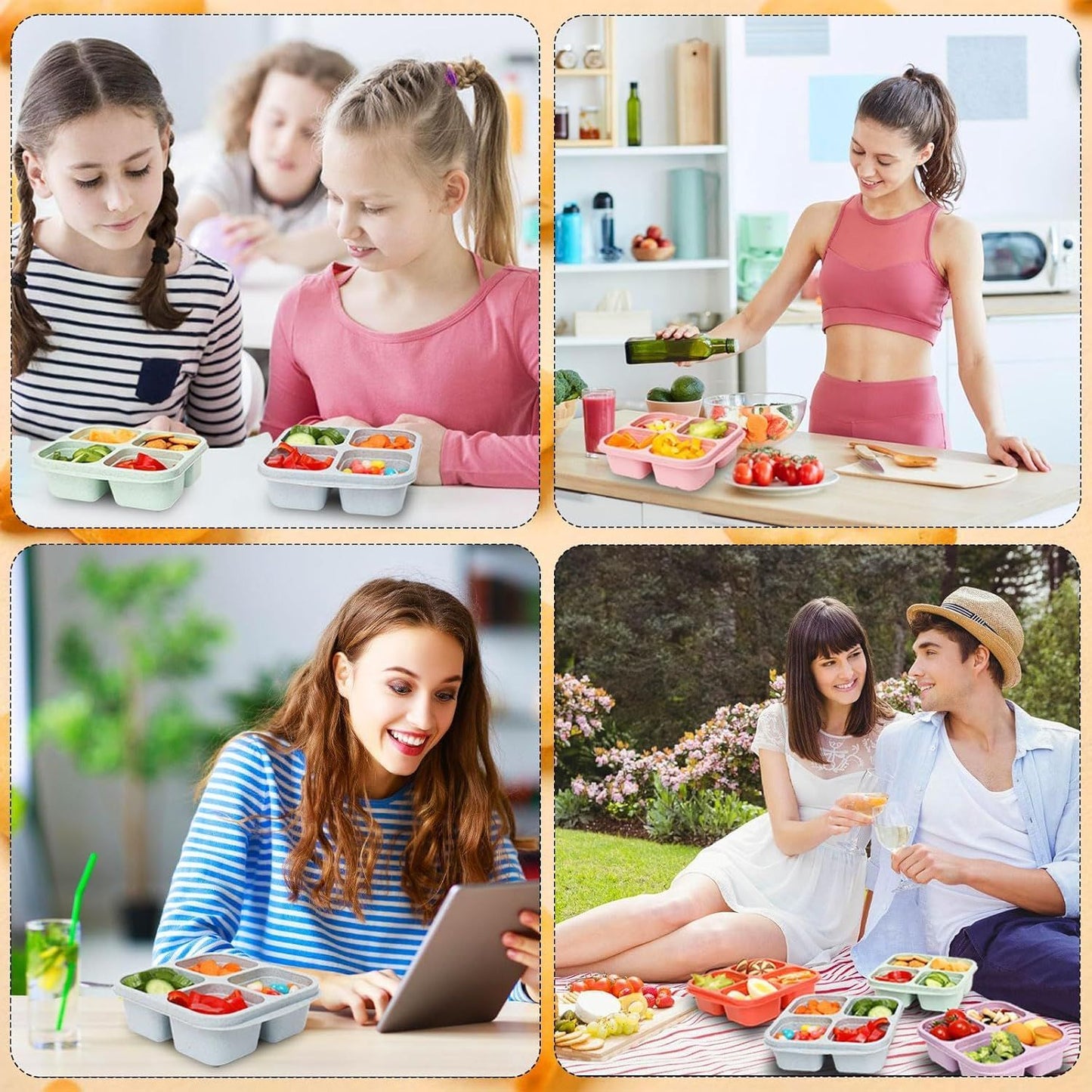 4-Pack Wheat Straw Bento Snack Boxes, 4-Compartment Reusable Lunch Containers for Kids & Adults, BPA-Free V1107-CS-XMJGLSH