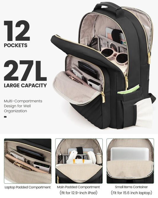 Stylish Laptop Backpack for Women - Large Capacity 27L Computer Bag with 15.6 Inch Compartment, USB Charging V1107-CS-XSBJBBBH