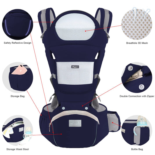 6-in-1 Adjustable Baby Carrier with Hip Seat - 11.8-15.7in Adjustable Height, Breathable Mesh & V1107-CS-YEBDYDL