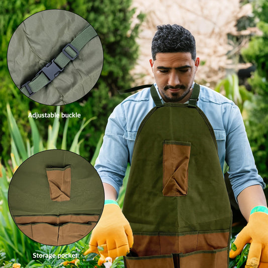 Heavy-Duty Canvas Garden Apron with Pockets & Adjustable Straps - Waterproof Long Apron for Outdoor Work, V1107-CS-YYWQ