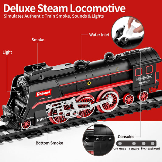 Model Train Set, Remote Control Train Toys with 3Way Smoke Locomotive, 5 Train Cars, Luxury Track Kit, V1107-CS-ZQHCGDTZ