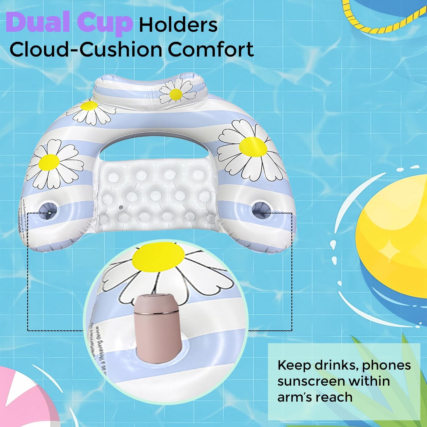 Daisy Inflatable Pool Floats 2-Pack for Adults: U-Shaped Lounge Chairs with Cup Holders, Portable for Pool, V1107-DAISY INFLATABLE POOL FLOATS