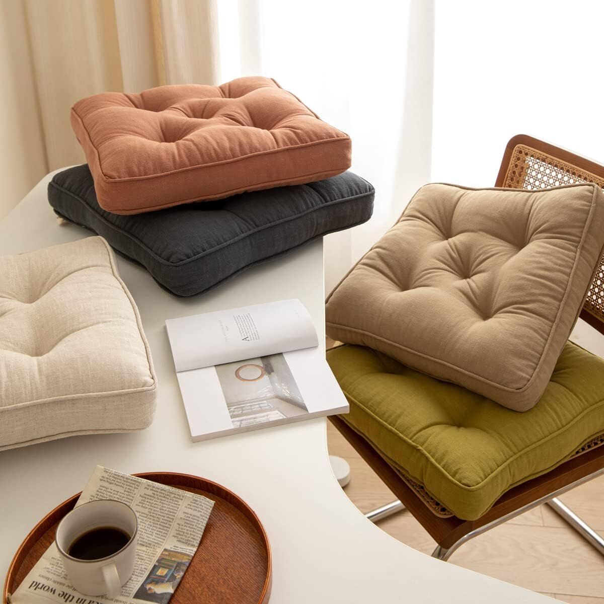 43x43x6cm Linen Cotton Thick Seat Cushion: Plush, Solid-Colour, for Office & Home Chairs, Aussie Comfort V1107-LINEN COTTON THICK SEAT CUSHION1