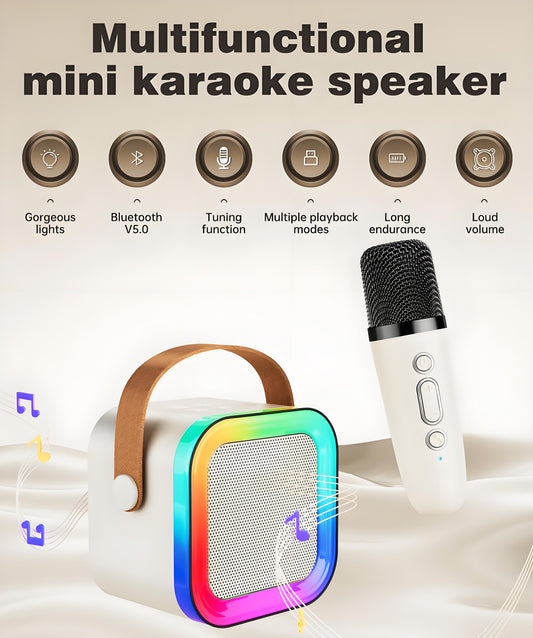 Off-White Mini Karaoke Machine with 2 Wireless Microphones: Portable Bluetooth Speaker for Kids & Adults, V1107-MINI KARAOKE MACHINE WITH 2 WIRELESS MICROPHONES