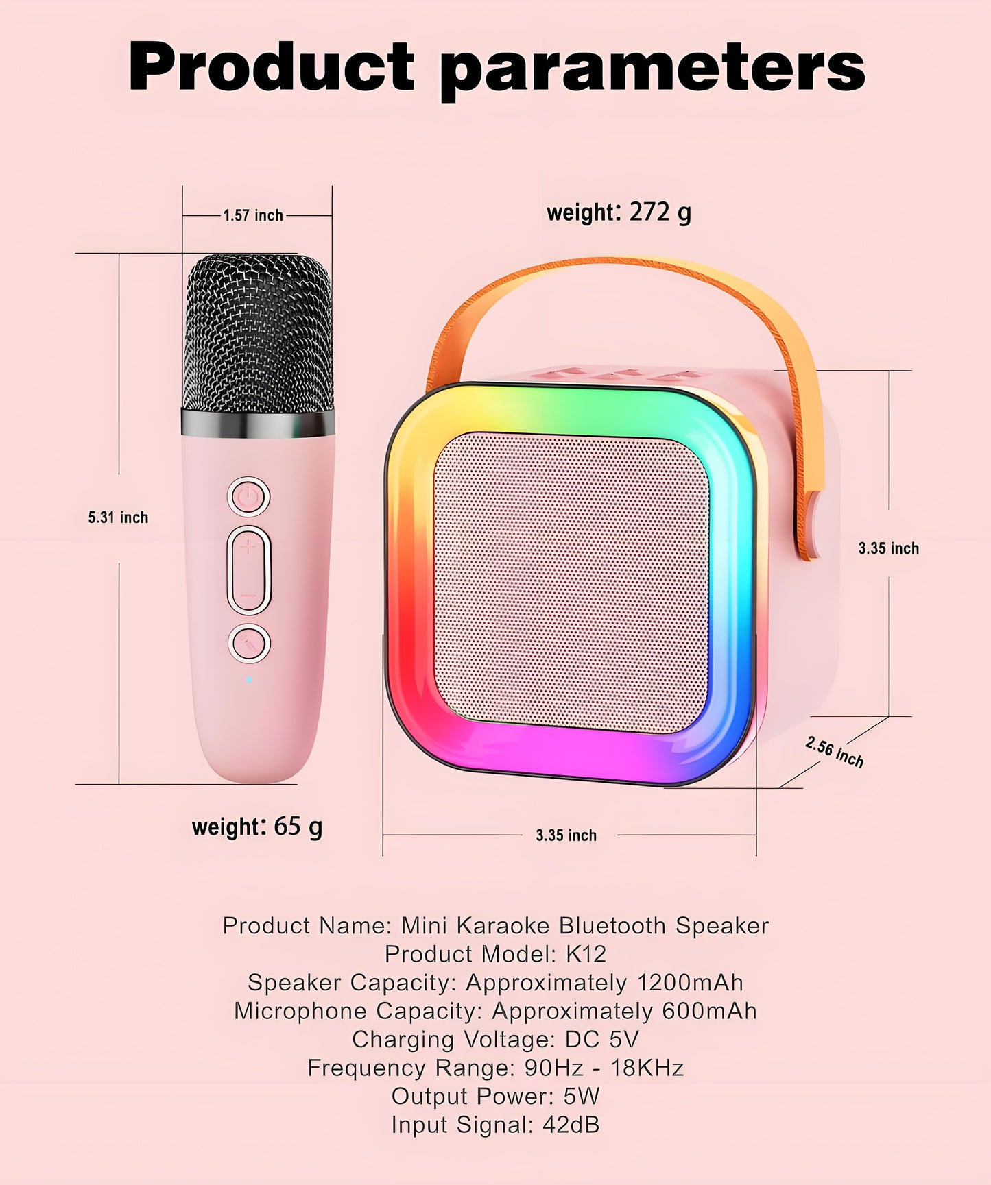Pink Mini Karaoke Machine with 2 Wireless Microphones: Portable Bluetooth Speaker for Kids & Adults, Ideal V1107-MINI KARAOKE MACHINE WITH 2 WIRELESS MICROPHONES1