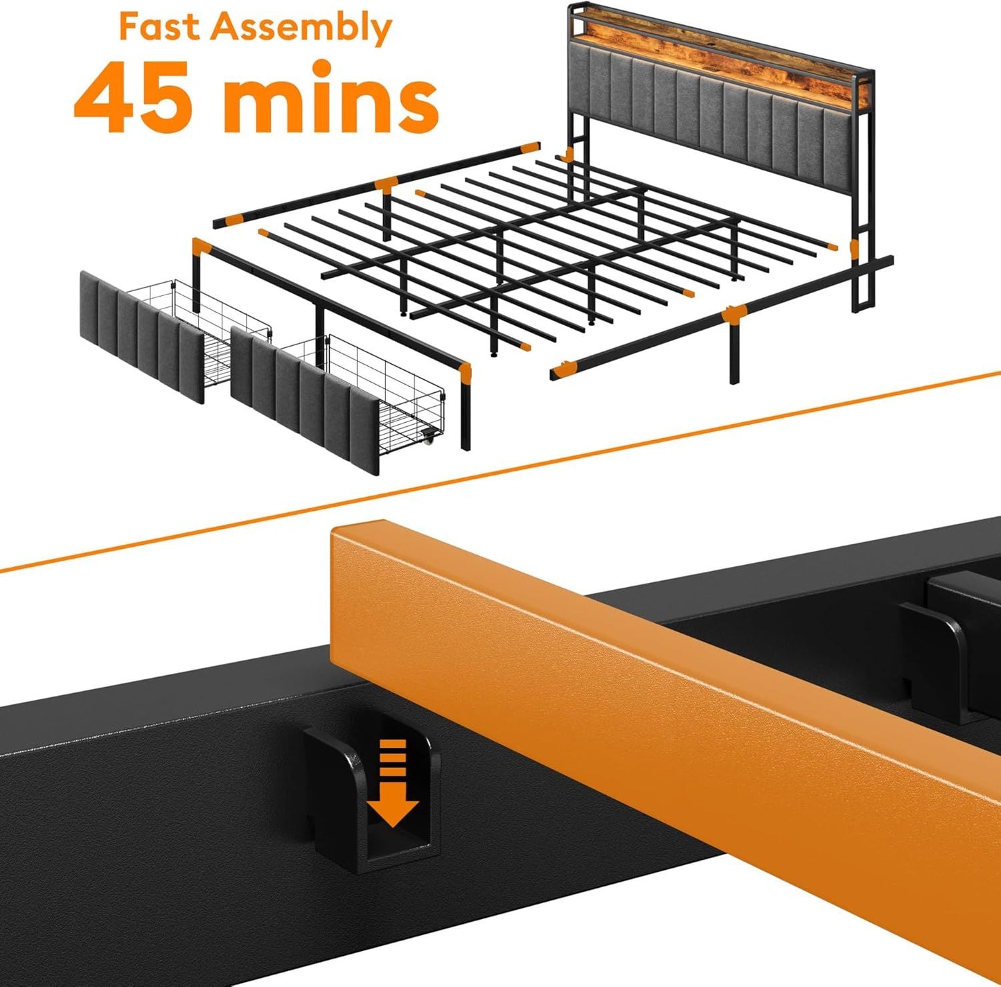 King Bed Frame with 2 Storage Drawers and LED Lights Headboard, Upholstered Bed Frame with Charging Station, V1127-AU-2452KN-GRY