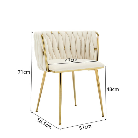 Set of 2 Velvet Upholstered Woven Dining Chairs with Golden Metal Legs, Beige V1127-AU-DC01-BGE