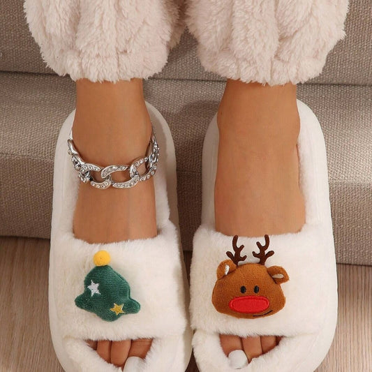 Christmas Cartoon Plush Slippers, Unisex Lightweight Thick-Soled Anti-Slip Fuzzy Slippers for Couples & V1132-MRTX1-MILKY WHITE-39-40