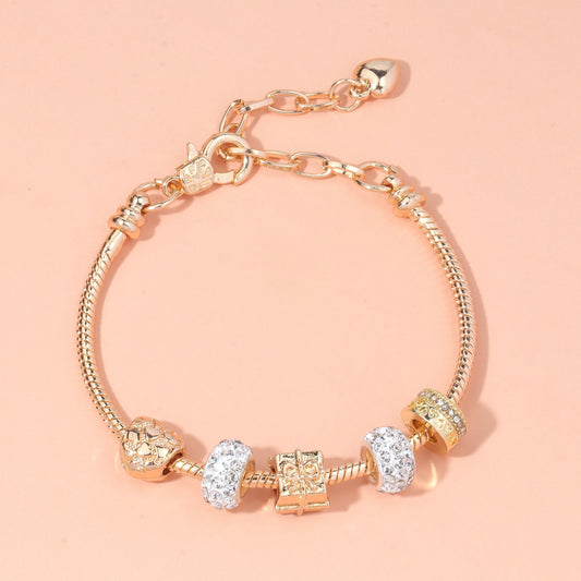 Rose Gold Crystal & Heart Charm Bracelet(rose gold,19cm) V1132-NSSL10-ROSE GOLD-19