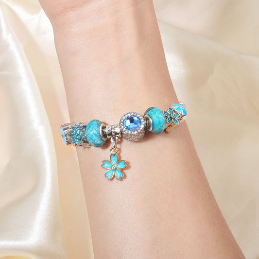 Blue Magnolia Alloy Bracelet with Rhinestones & Glaze Beads(17cm) V1132-NSSL104-17