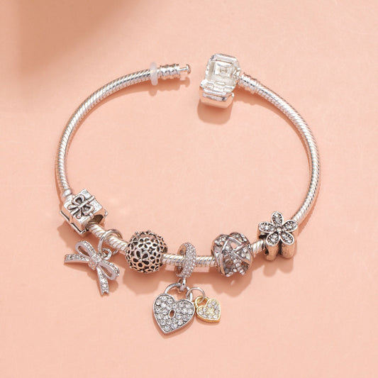 Hollow Out Crystal Flower Heart Bow Charm Bracelet(silver-toned,17cm) V1132-NSSL14-SILVER-TONED-17