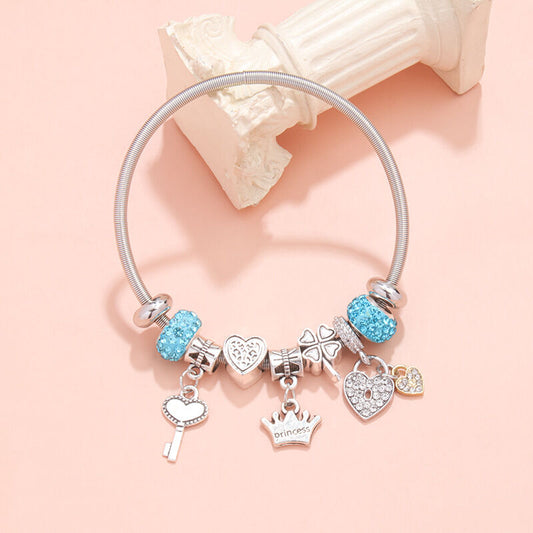 Charm Bracelet with Heart, Four-Leaf Clover & Rhinestone Beads(blue) V1132-NSSL15-BLUE