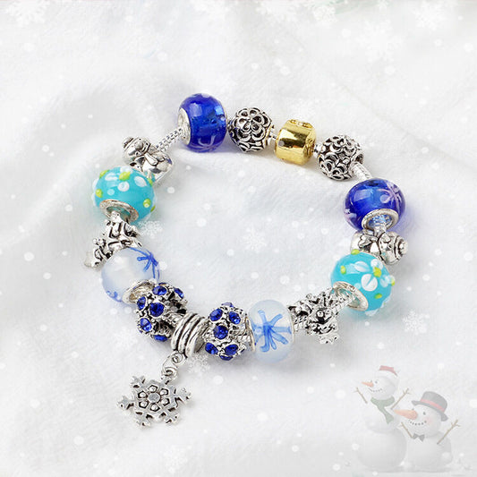 Christmas Snowman & Pine Tree Bead Bracelet with Snowflake Pendant Bracelet(18cm) V1132-NSSL20-18