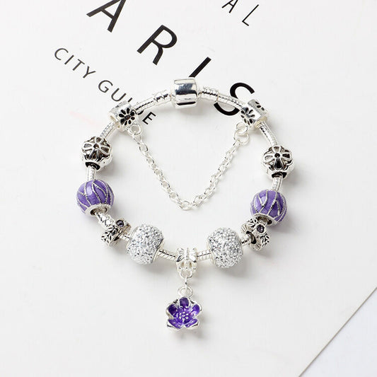 Vintage Alloy Charm Bracelet with Purple Flower Pendant, Crystal Beads(20cm) V1132-NSSL23-20