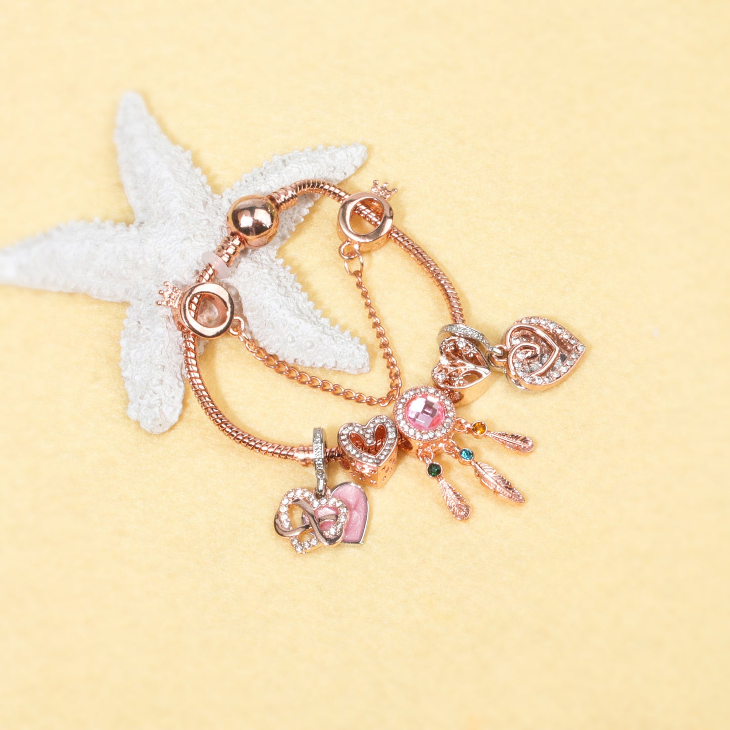 Rose Gold Bracelet with Pink Heart Charms & Crystal Rhinestones(18cm) V1132-NSSL53-18