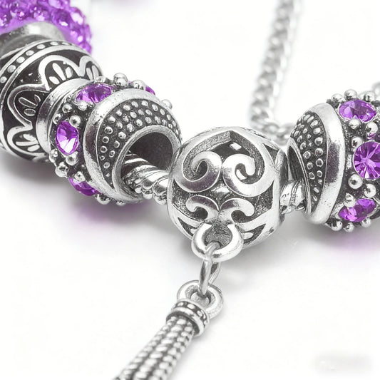 Women's Vintage Silver-Plated Charm Bracelet - Crystal-Embedded Hollow Carved Multi-Bead Fashion V1132-NSSL93-PURPLE-18