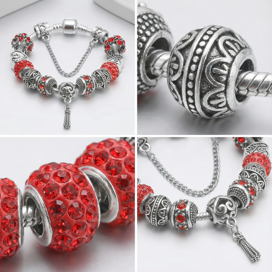 Women's Vintage Silver-Plated Charm Bracelet - Crystal-Embedded Hollow Carved Multi-Bead Fashion V1132-NSSL93-RED-18